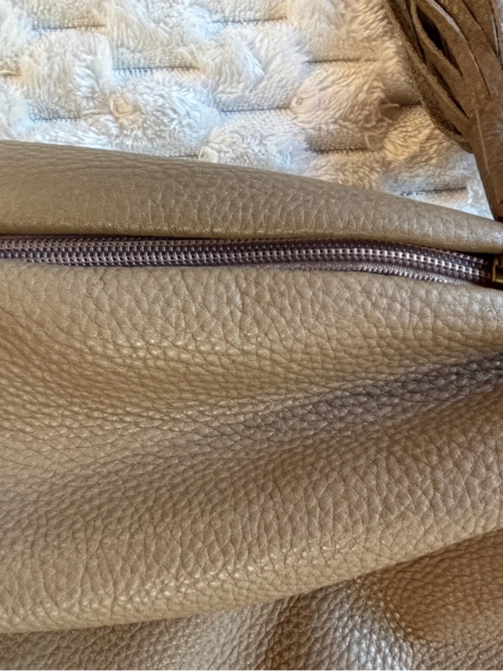 Hobo Taupe Pebbled Leather Slouchy Hobo Bag Tassel Shoulder